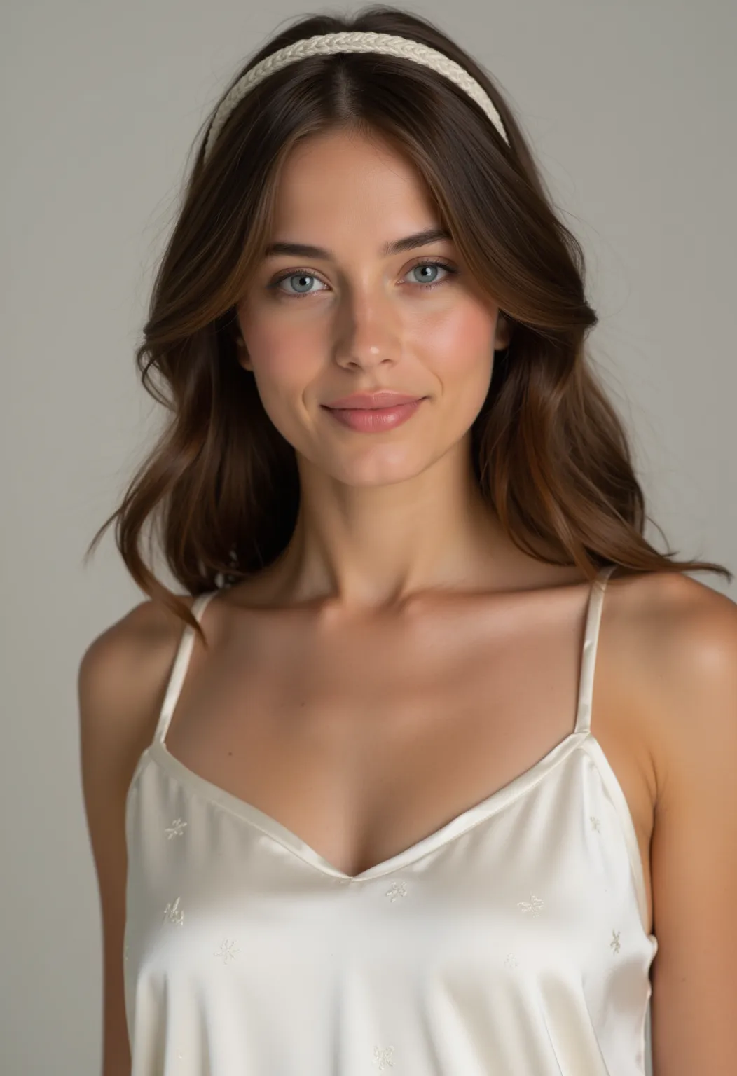 ultra-realistic, adorable 21-year-old German woman with brunette hair ,  beautiful eyes .  long brown hair with wavy hair .      hairband  ,  , long white satin a-line dress with straps,  Beautiful patterns in dress fabric,   transparent lip gloss  ,  blue...