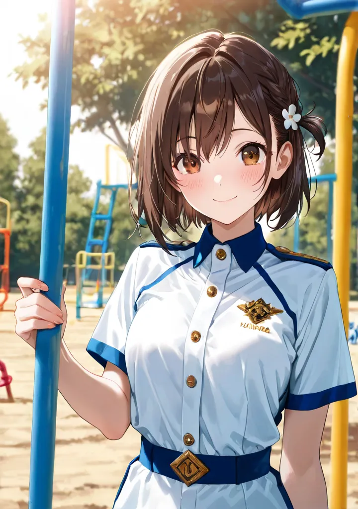 ( masterpiece), top quality , natural light, , Diffuse Light, alone,  Beautiful Anime  、 Beautiful Artistic Style , 赤い頬、( beautiful eyes), brown eyes, brown hair, hair accessory、hair bite, shortcuts、( uniform), ( playground), is standing、 (  look here), ,s...