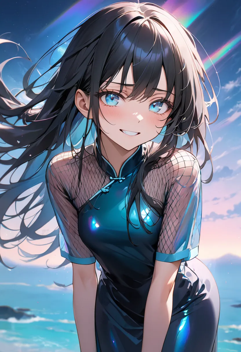 masterpiece, best quality, A girl, skinny body, black long hair, sky blue eyes, messy hair, teary eyes, serious, wicked smile, leaning forward, look up, arms behind back (background: iridescent sky),  (Clothing: mesh sky blue ao dai)