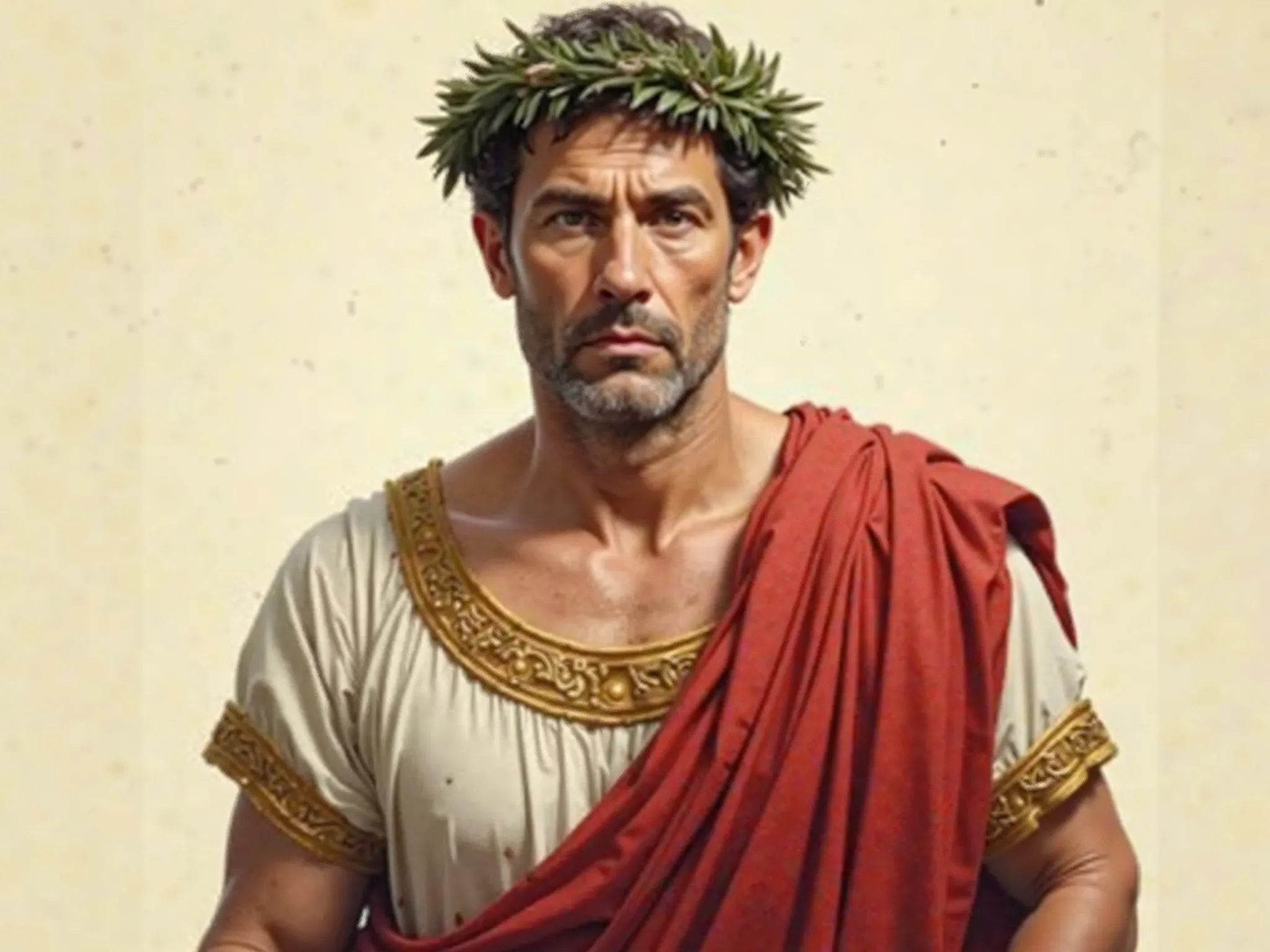 A portrait of a middle-aged man, likely of Caucasian ethnicity, is depicted. He is wearing a Roman-style laurel wreath, a red toga draped over a light-colored tunic, embellished with gold-colored decorative borders. The man's expression is serious and his ...