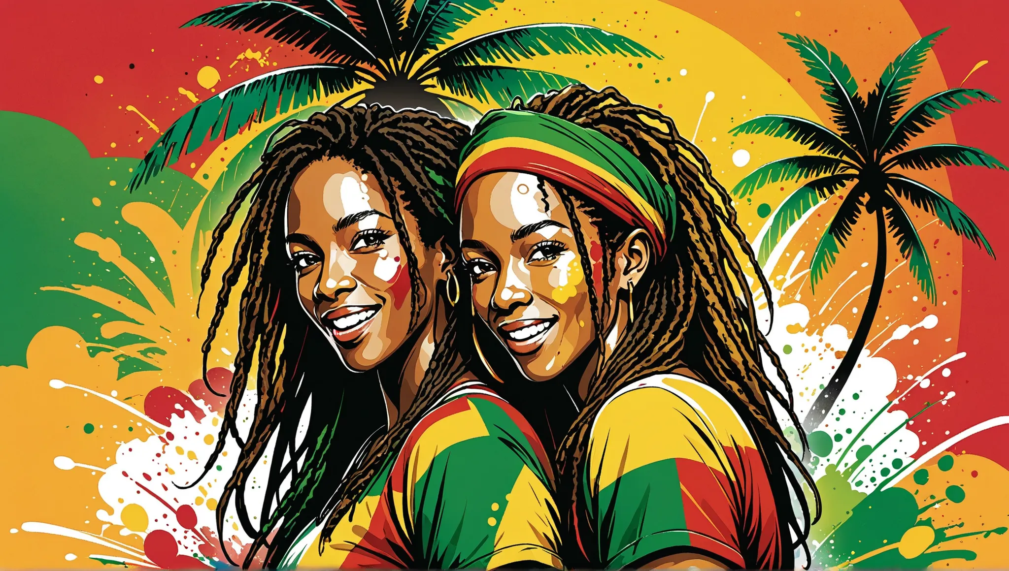 vector art, Lots of Jamaican Reggae, Real Jamaican reggae vibe，color illustration,  Vine , Brilliant Color, Paint Splashes and Stains, high detail, 
palm tree