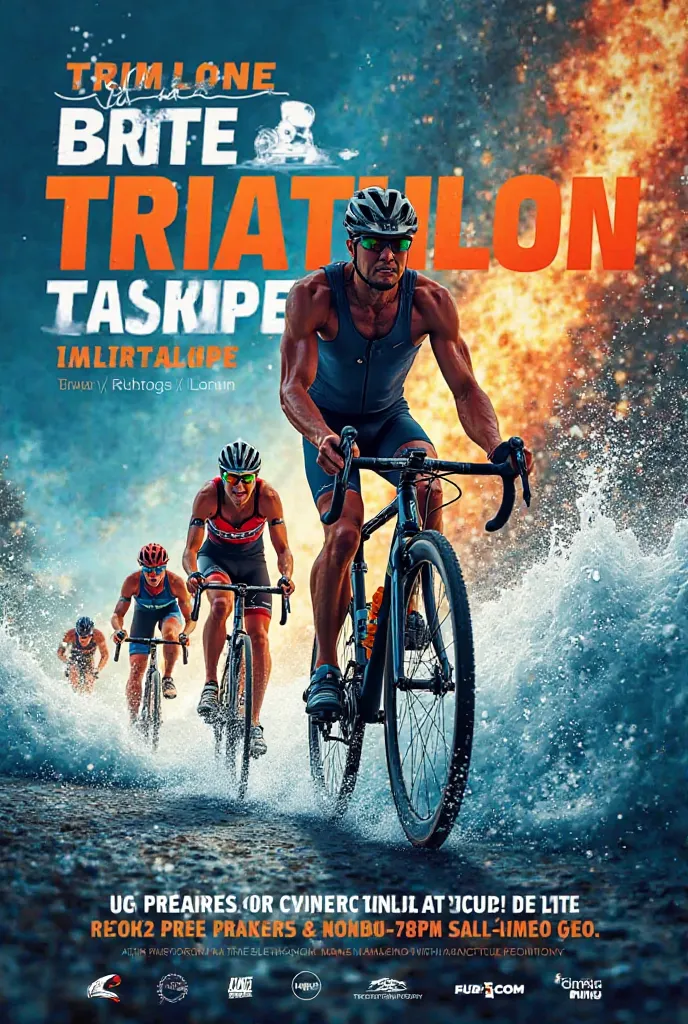 Design an attractive poster for the promotion of a triathlon club that reflects the energy and challenge of this sport, competition, including images of triathletes in action riding bicycles, swimming and running and a background that evokes the thrill of ...