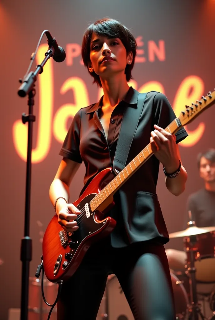 In the background a Banner with the phrase 'Parabéns Jane', a beautiful guitarist, 40 years old, extremely sexy, short black hair, very happy, on a rock stage, detailed rose, delicate petals, soft lighting, warm colors, photorealistic, high resolution, det...