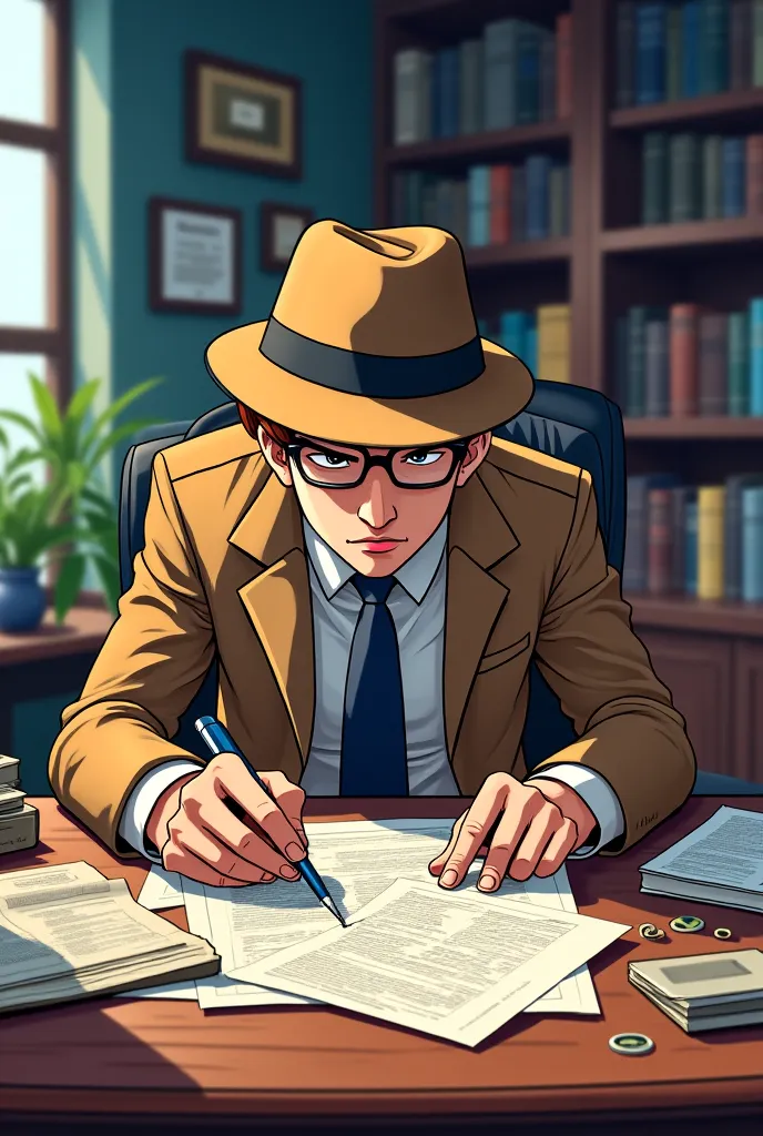 Create an anime-style cartoon of a detective conducting a criminal investigation in an office