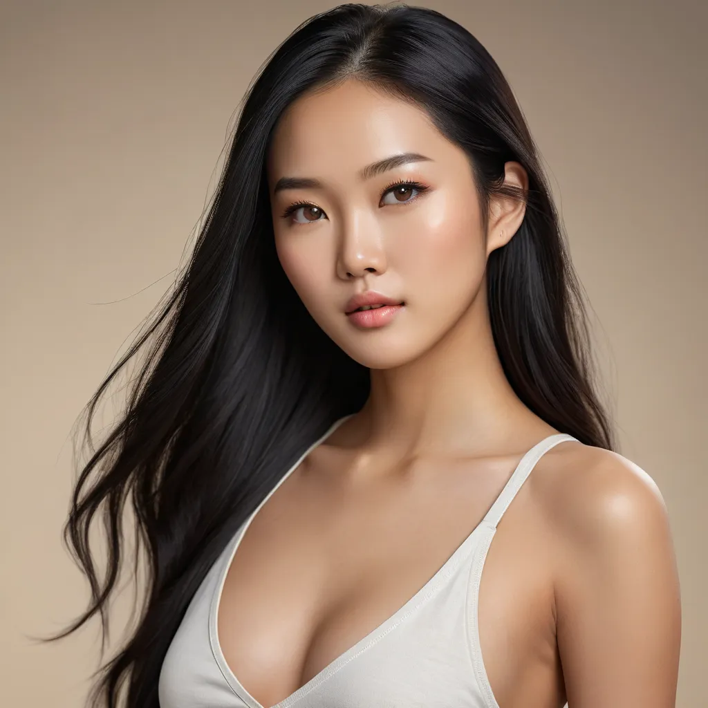 Ultra-realistic full-body portrait of a stunning young Asian woman with long, straight black hair. Her flawless, radiant skin appears smooth and natural, with hyper-detailed textures enhancing the realism. Her deep, expressive eyes convey warmth and intell...