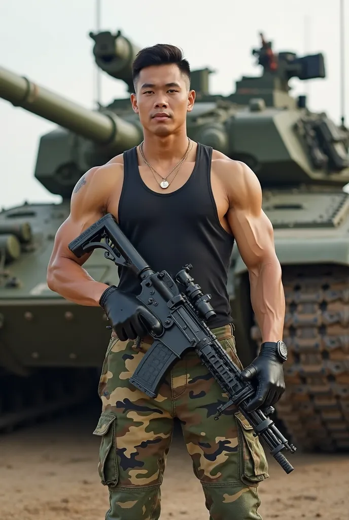 Very muscular 20-year-old Korean mercenary poses with a huge machine gun in front of a tank, military short haircut ,   figure-hugging tank top  ,  army dog tag ,  Forest camouflage pants  ,  black combat boots