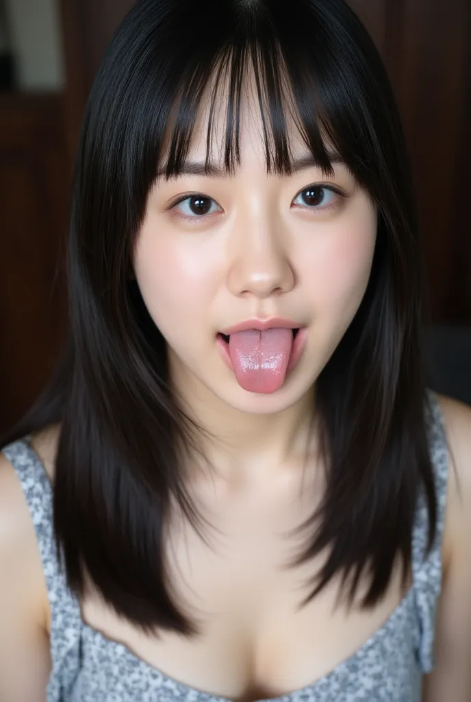 girls,    black hair,  Long Hair ,  open your mouth  wide and stick your tongue out, Accurate eye expressions, Correct tongue expression, sticking out her tongue, Accurate facial expression, masterpiece,  Ultra High Resolution , very well detailed, details...