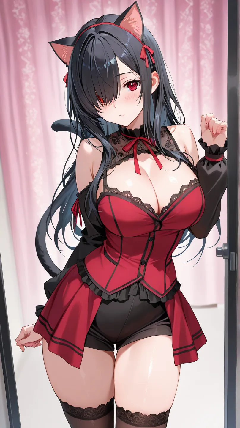 room, Score_9, score_8_up, score_7_up, score_6_up, source_anime, rating:general, 1girl, beautiful woman, beautiful body, curvy, nya, neko ears, neko tail, random sexy pose, slut, 1 girl, kurumi tokisaki casual, long hair, black hair, red eyes, hair over on...