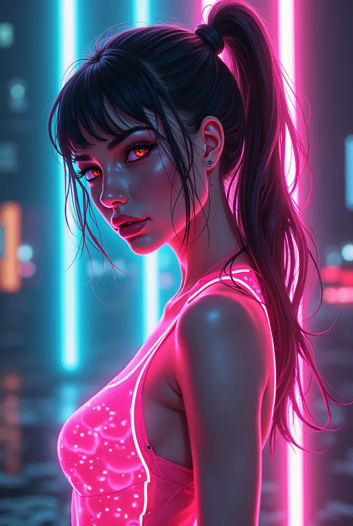 a woman with a neon light up dress and a ponytail, rossdraws cartoon vibrant, rossdraws 2. 0, rossdraws digital painting, rossdraws 1. 0, :: rossdraws, inspired by rossdraws, rossdraws portrait, alena aenami and artgerm, cyberpunk vibe, dreamy cyberpunk gi...