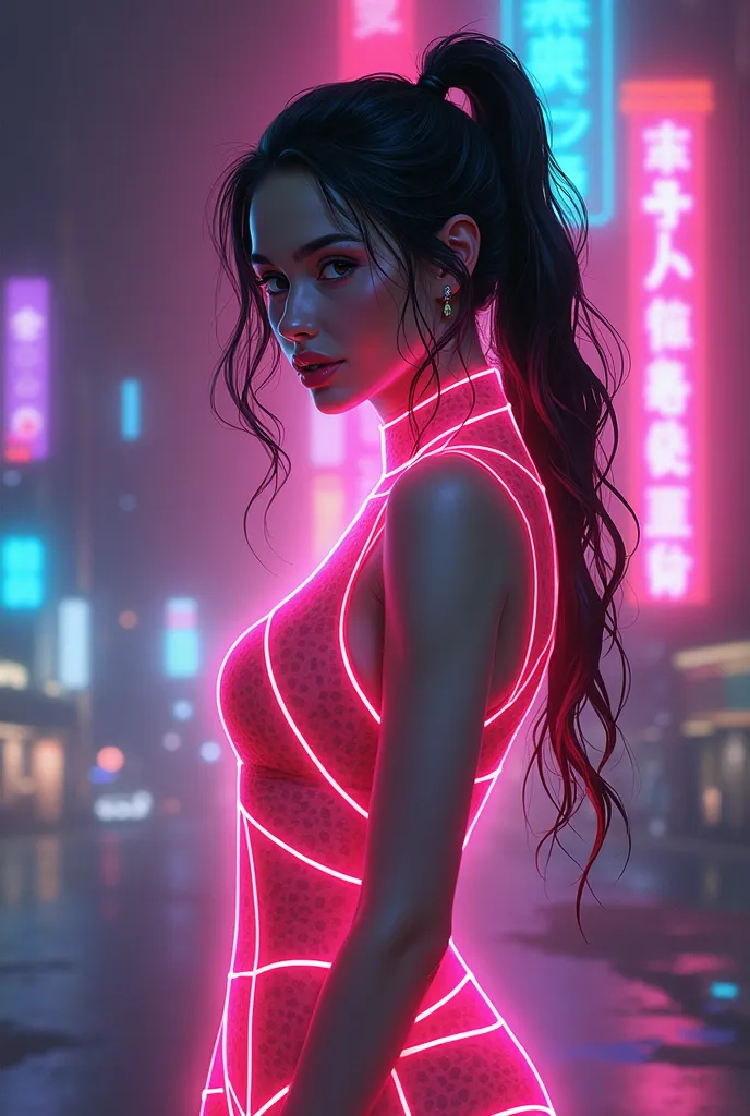 a woman with a neon light up dress and a ponytail, rossdraws cartoon vibrant, rossdraws 2. 0, rossdraws digital painting, rossdraws 1. 0, :: rossdraws, inspired by rossdraws, rossdraws portrait, alena aenami and artgerm, cyberpunk vibe, dreamy cyberpunk gi...