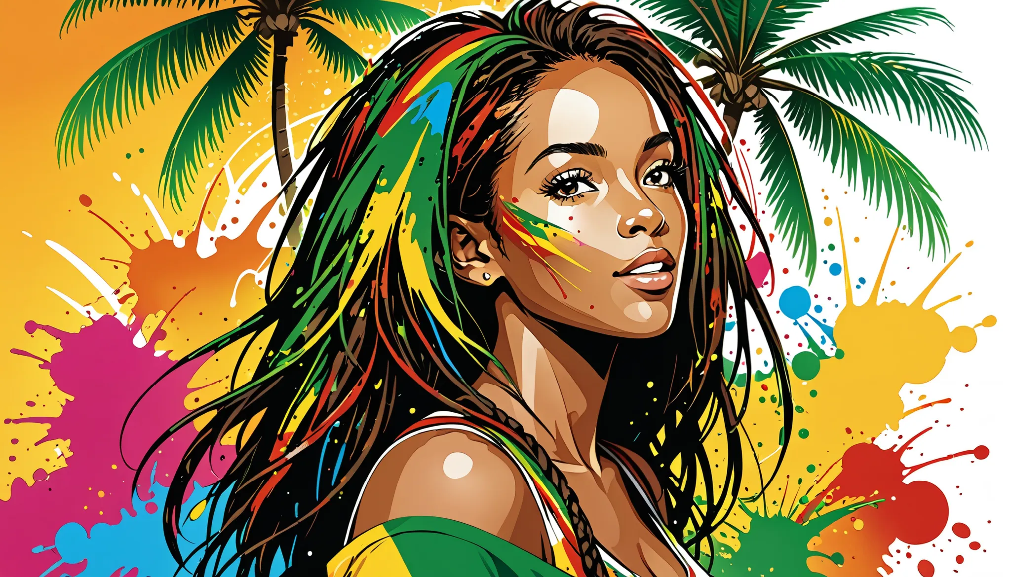 vector art, Lots of Jamaican Reggae, Real Jamaican reggae vibe，color illustration,  Vine , Brilliant Color, Paint Splashes and Stains, high detail, beautiful woman
palm tree