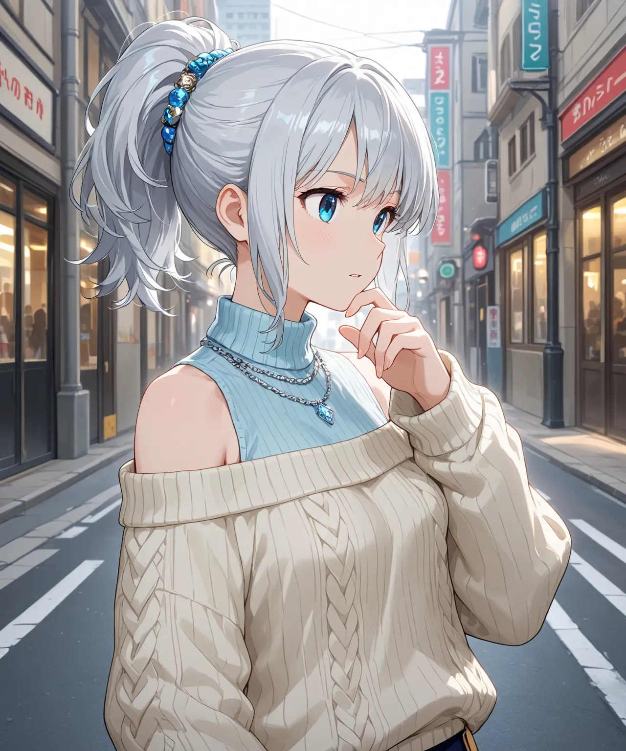 off shoulder sweater,blue eyes,girl, light silver hair,street scene,accessories,full-body shot,ponytail hairstyle