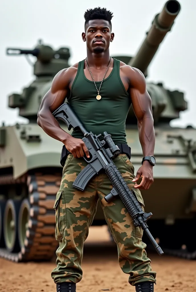 Very muscular 20-year-old African-American mercenary poses with a huge machine gun in front of a tank, military short haircut ,   figure-hugging tank top  ,  army dog tag ,  Forest camouflage pants  ,  black combat boots