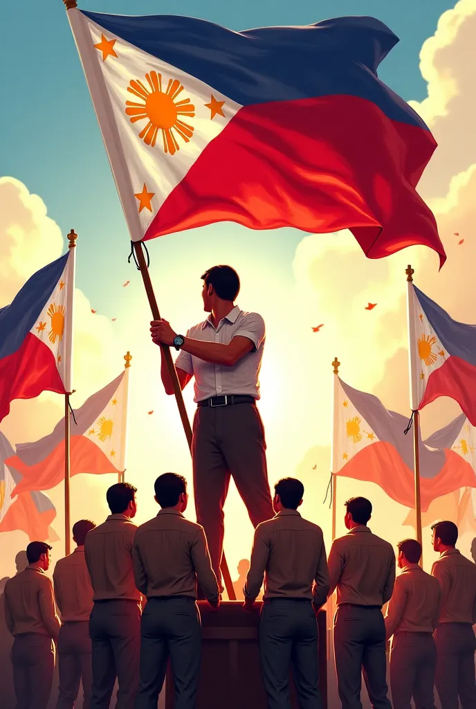 Andres bonifacio holding the flag of the Philippines with her subordinates, the background is flags of KKK together with jose rizal writing and the pen using of jose rizal is a feather 