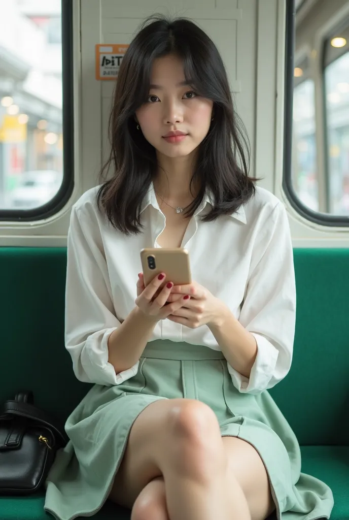 young  woman with shoulder-length black hair and light beige skin sits on a green
 upholstered bench, holding a light-colored smartphone. She is wearing a white　shirt a purifiedskirt, and appears to be in her early twenties.   The background shows the inte...