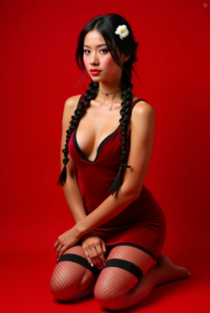 A young woman, likely in her late s or early twenties, with Asian features, is centrally positioned in the image.  She is kneeling, her body angled slightly to the left of center.  Her dark hair is styled in two long braids that extend down her back and ar...