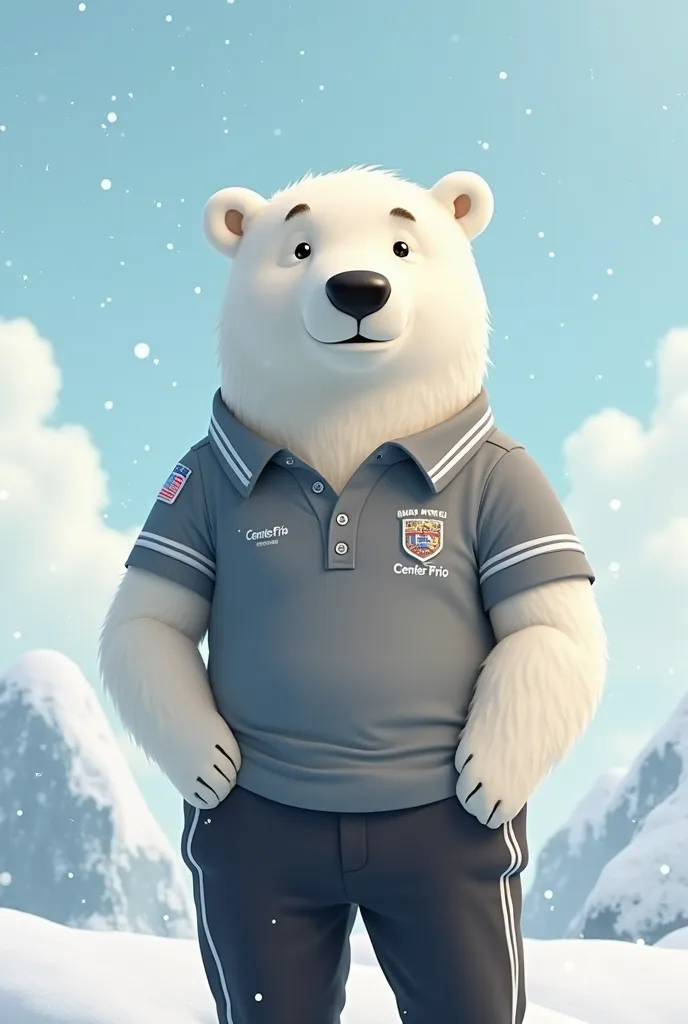 charismatic polar bear, Cartoon style with gray uniform written Center Frio,  black pants, Bear representing strength and prosperity, In the background in snow, Him in a gray polo shirt uniform, with collar , WRITTEN BY CENTER FRIO, `CENTER FRIO`  written ...