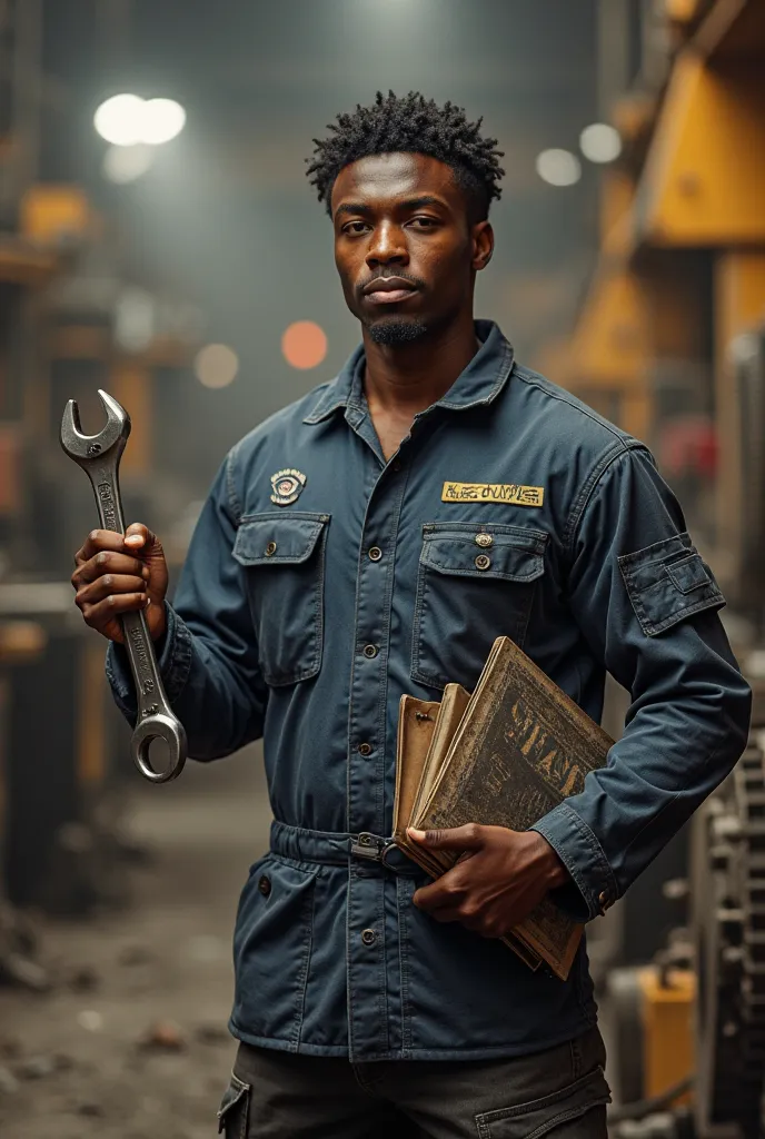 A young black industrial maintenance mechanic wearing the Nexa Resources company uniform, holding a wrench in one hand and a maintenance book in the other 