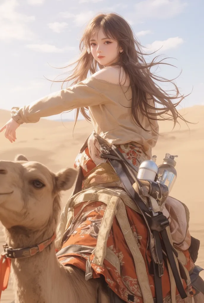 masterpiece, best quality, ultra resolution, PERFECT ANATOMY, young woman, riding a camel、Hot desert、Fantastic oases overlap、Sand Dunes、Camels are tired too、Expression of joy、Camel saddle and water bottle、absurd、metaphysics 、beautiful、grace、soft light、Boke...