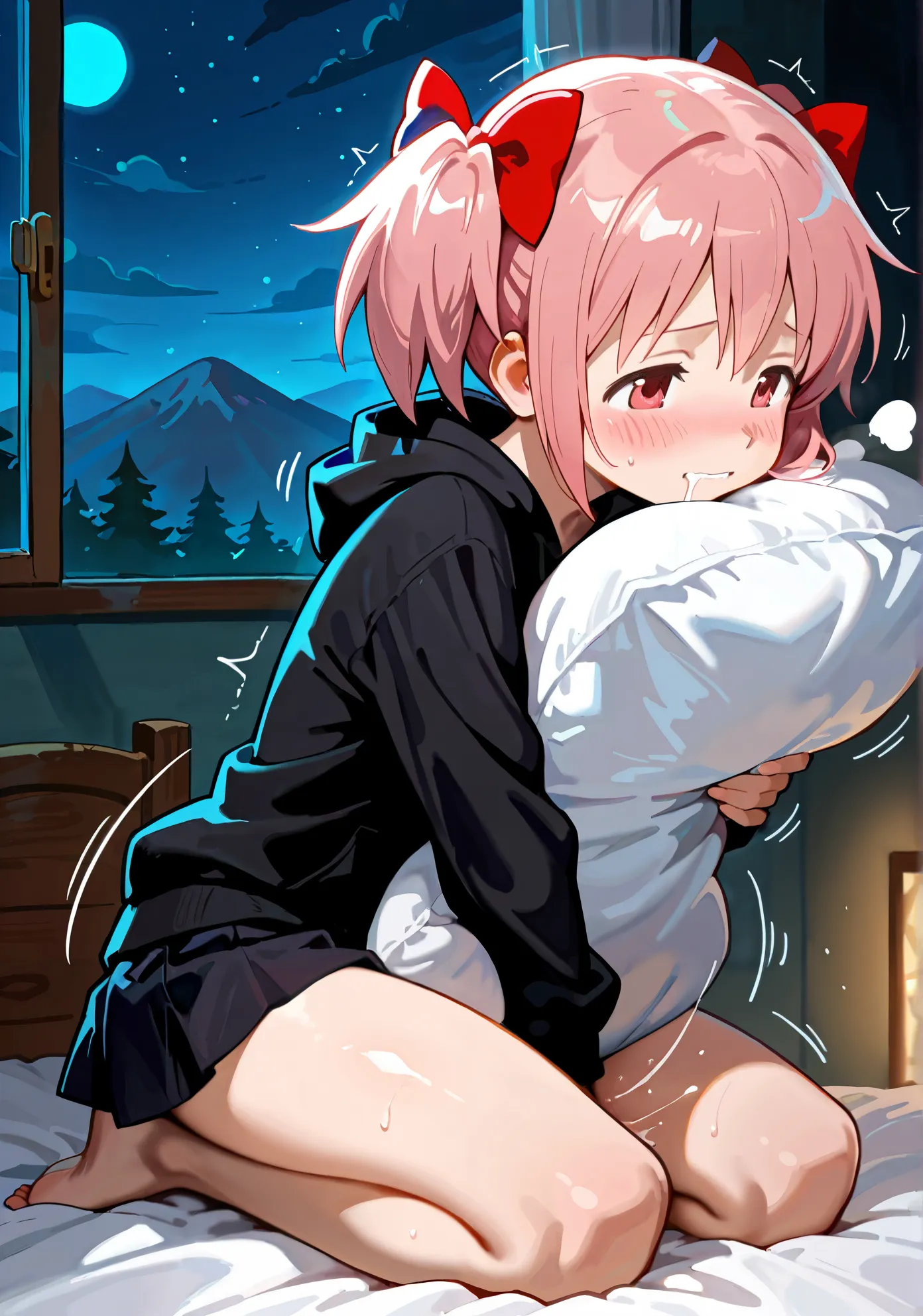 1girl, solo, Madoka Kaname, Puella Magi Madoka Magica, pink hair, black hoodie, black skirt, kneeling on a bed, pillow between her legs, humping a pillow, pillow masturbation, shy, motion lines, eyes rolling back, blush, drool, BREAK, (night time:1.2), rus...