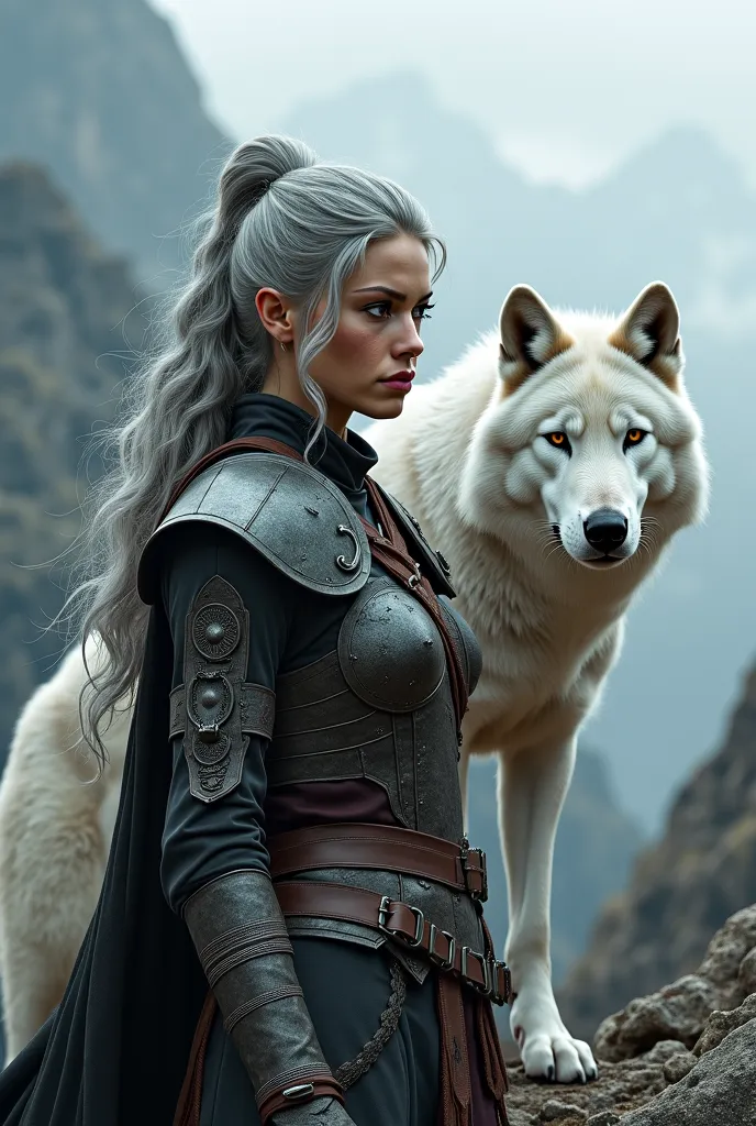 Grey-haired warrior woman with a white wolf Don't let there be blood on her face 