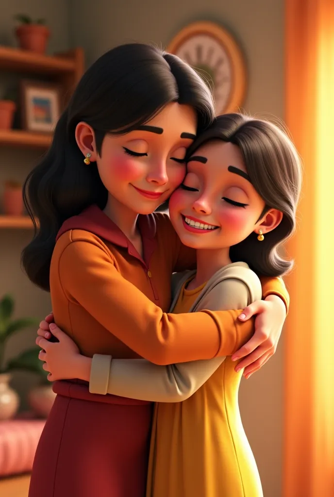 Woman hugging her mom,   Pixar style 