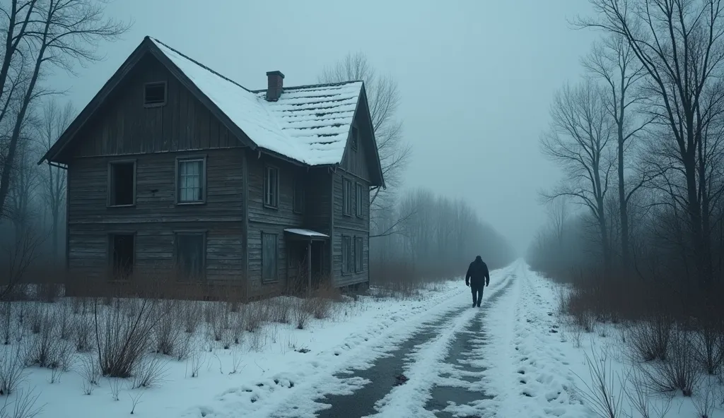 "Realistic high quality photo (4K), dark and eerie atmosphere. Abandoned village in winter, snow , covered with traces of, dilapidated houses, fog. In the foreground is an old house with broken windows, inside blurry photos visible on walls. На задньому пл...