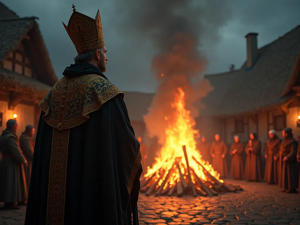 bishop witnesses a pyre during the Middle Ages