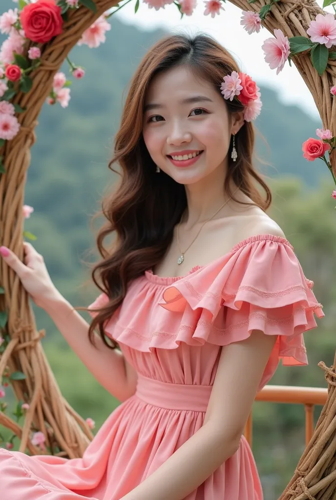 foto close up Seorang wanita muda  tailand Korea cantik anggun, mata coklat, smile,  long hair ornamental flowers . .  wearing bright pink  dress soft green gradation round short-sleeved dress . .  with tiered petals  , rok lebar sedikit smile lembut, whit...