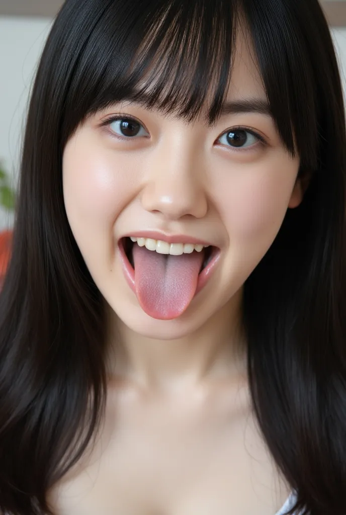 girls,    black hair,  Long Hair ,  open your mouth  wide and stick your tongue out, Accurate eye expressions, Correct tongue expression, sticking out her tongue, Accurate facial expression, masterpiece,  Ultra High Resolution , very well detailed, details...