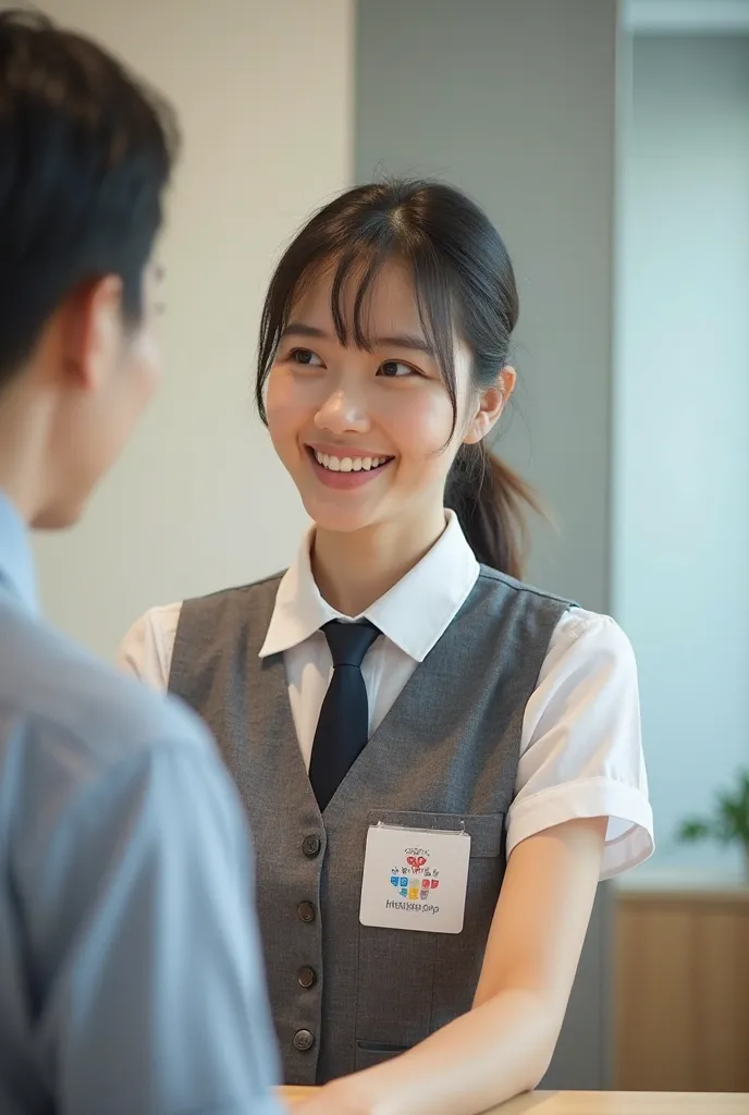 Japanese　Female reception clerk at hospital　Office uniform wearing a gray cheek vest、smiling receptionist　Dealing with male outpatients、with the outpatient counter in between　real　pictures,The back of the counter is a wall、Don't touch、Consultation Voucher ...