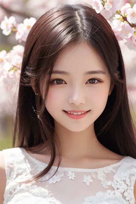 (best quality, masterpiece, 1girl), (close-up:1.3), long straight black hair, (beautiful face:1.4), wearing a (white lace dress:1.2), (gentle smile:1.3), soft lighting, cherry blossom background, elegant posture, (detailed eyes:1.3), (soft focus background...