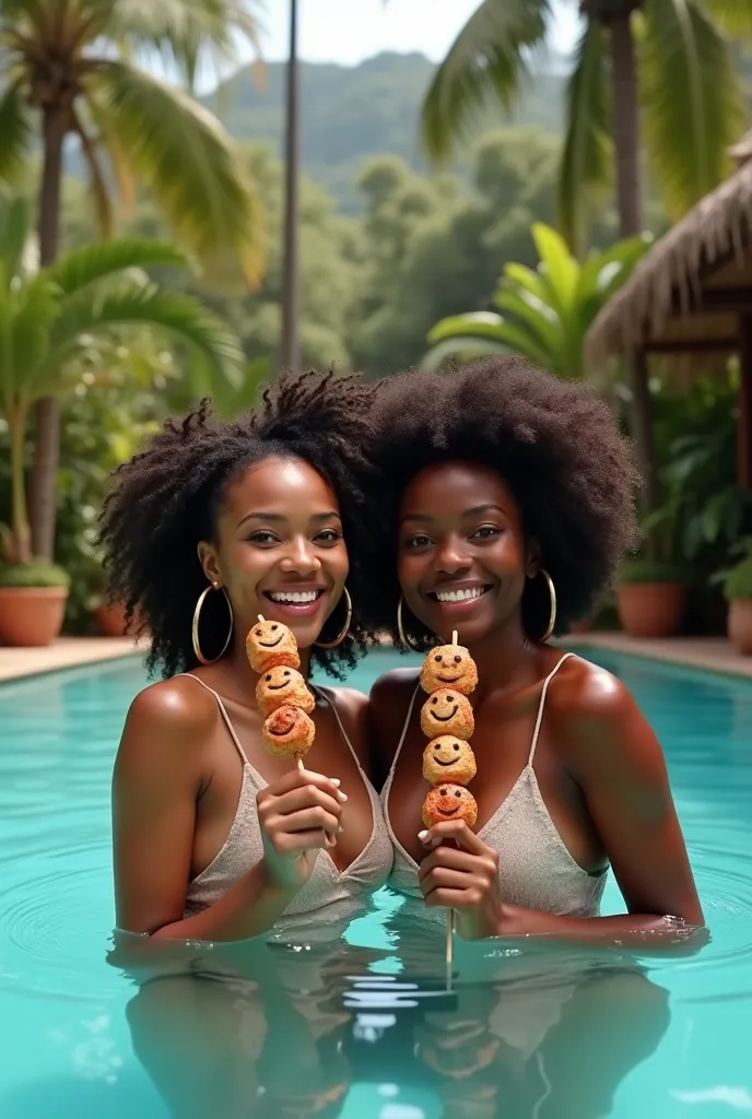 two black women in their thirties in a large swimming pool holding two meat skewers with a happy face