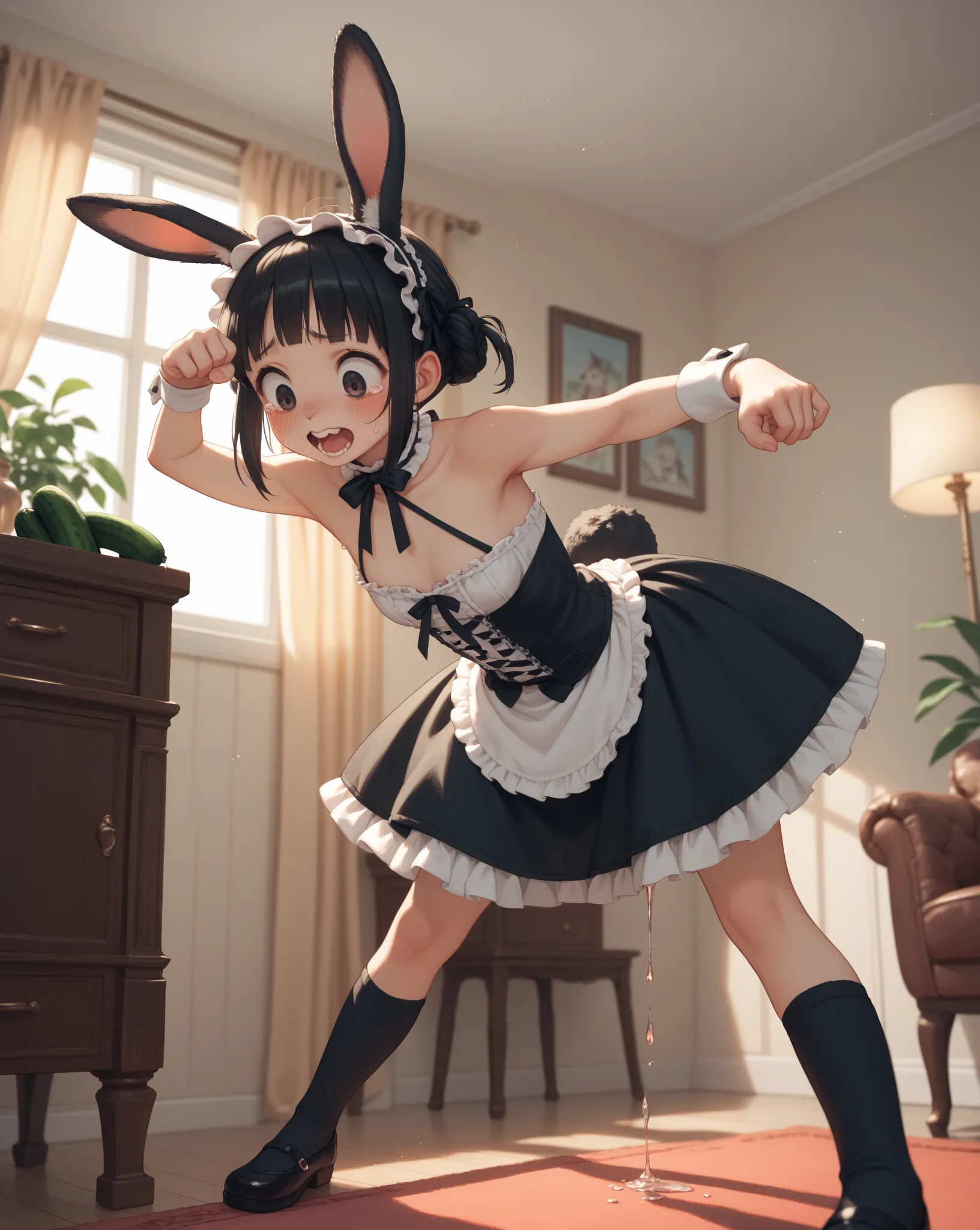 Halter neck gothic lolita costume with little fabric , dripping mucus , Livingroom , dim light , (look down , looking one's crotch) , put in 1 Thin Cucumber from under skirt , look of pain , bend over
, kawaii anime style , petit girl, round face, bold pos...