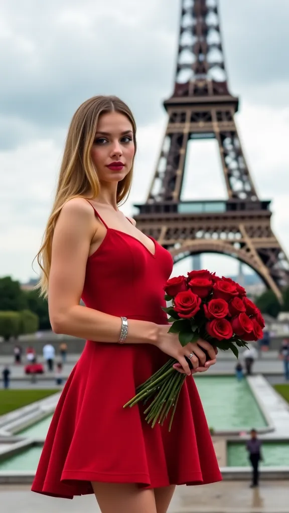 a 30-year-old , beautiful, Young, Straight hair slipped in black color up to the waist,  holding a bouquet of roses, in front of the Tower of Paris wearing a short red dress height 1,50 quality,4K, homem bonito 
Young,creepy blond hair holding ring box on ...