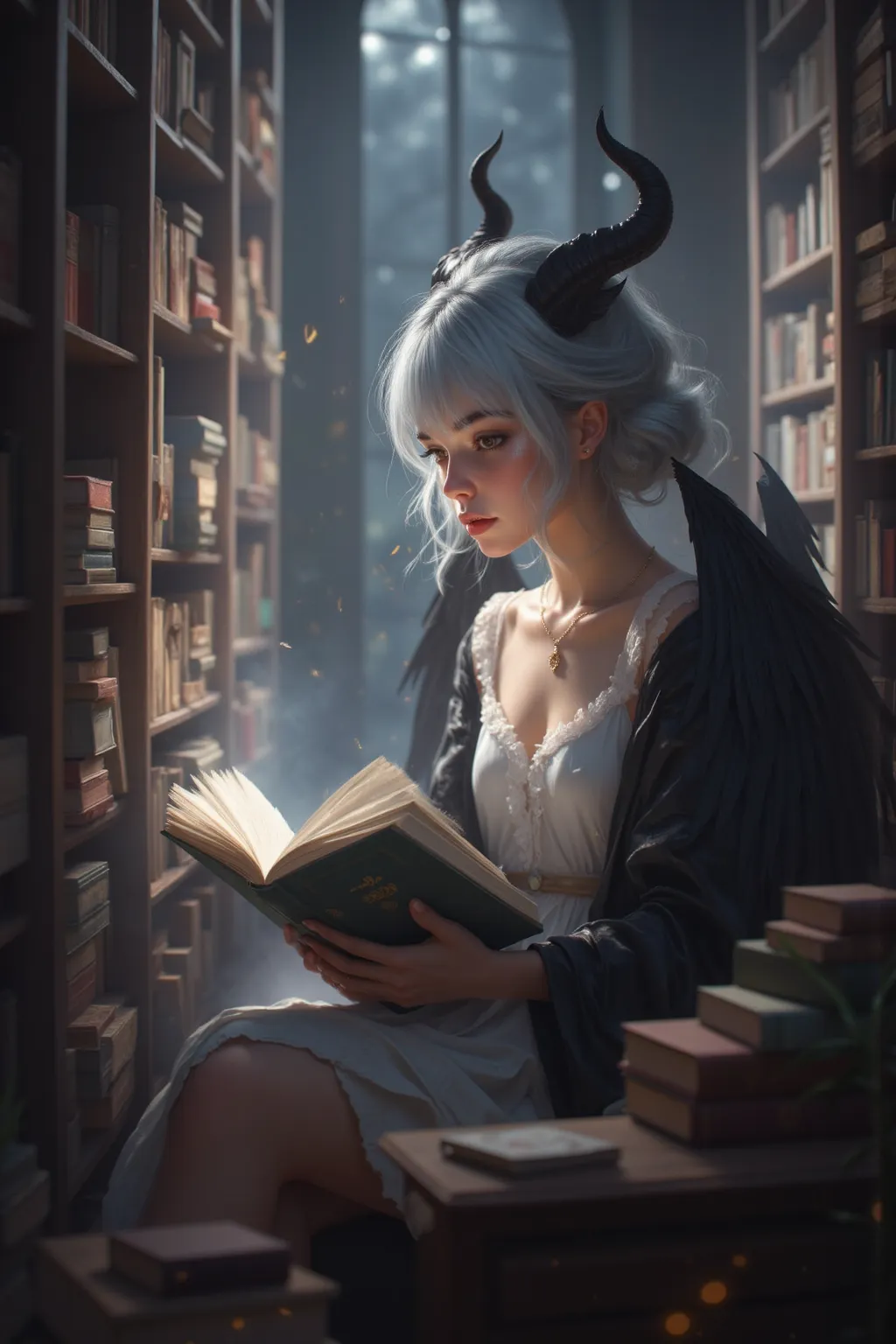 high quality photo quality with black wings and sharp horns。A beautiful girl is reading a book in a quiet library、under soft light。Her hair color and hairstyle are randomly set、There are bookshelves all around、Calm air drifts 。
