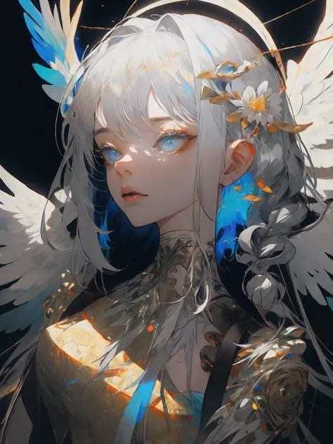  realistic, ( top quality, masterpiece:1.3),1 Demonio, only,
 silver hair ,  Bright pupils , Pero Colt,  hair gathered at the back , 
 Palm indentation,  Holding a fluorescent bird ,   Brilliant AI speech_ Pale blue-gray background, 1 angel . Colorful eyes...