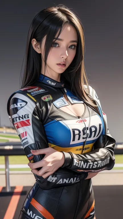 (   masterpiece), (    MotoGP Racing Girls  ), (   eyeliner:0.5),(:0.5),             black hair,  With a faint smile,    beautiful繊細な少女を指す,     Highly Detailed Eyes and Face   ,    beautiful繊細な目, , ((Event List)), (      MotoGP track background        ), (...