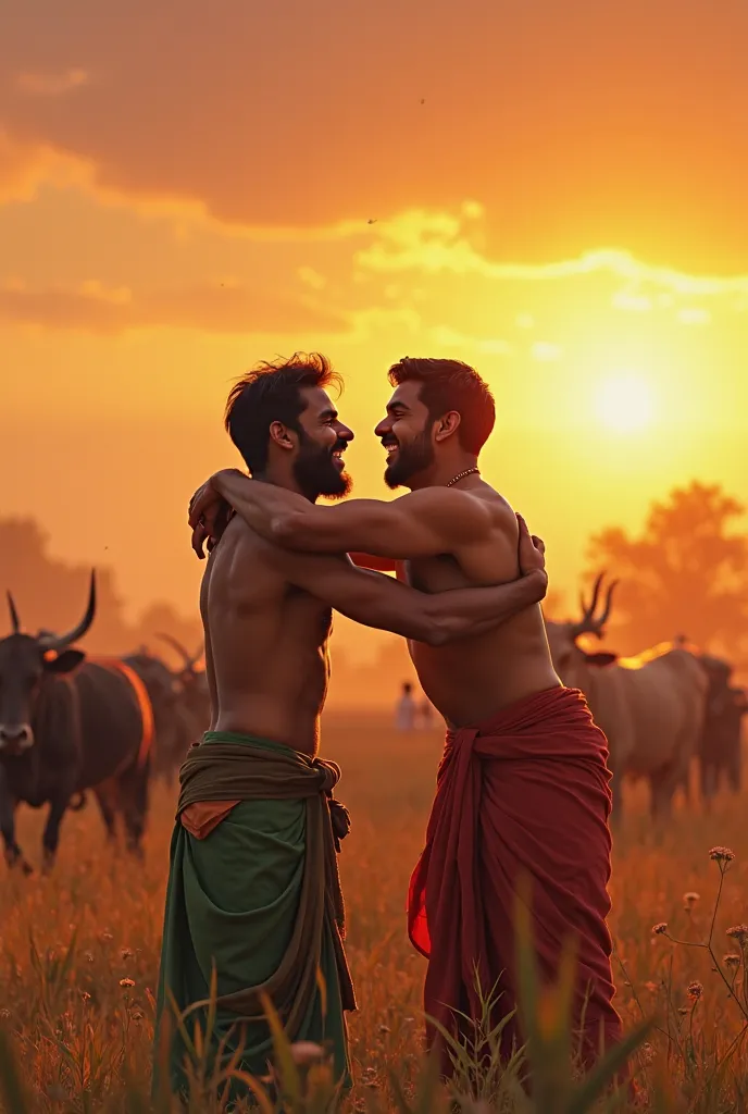 The village is saved, and the two friends are reunited. They hug each other and promise to rekindle their old friendship.

Image prompt:

"Two friends (Raju and Mohan) are laughing and hugging each other in the village fields. The sun is setting and the bu...