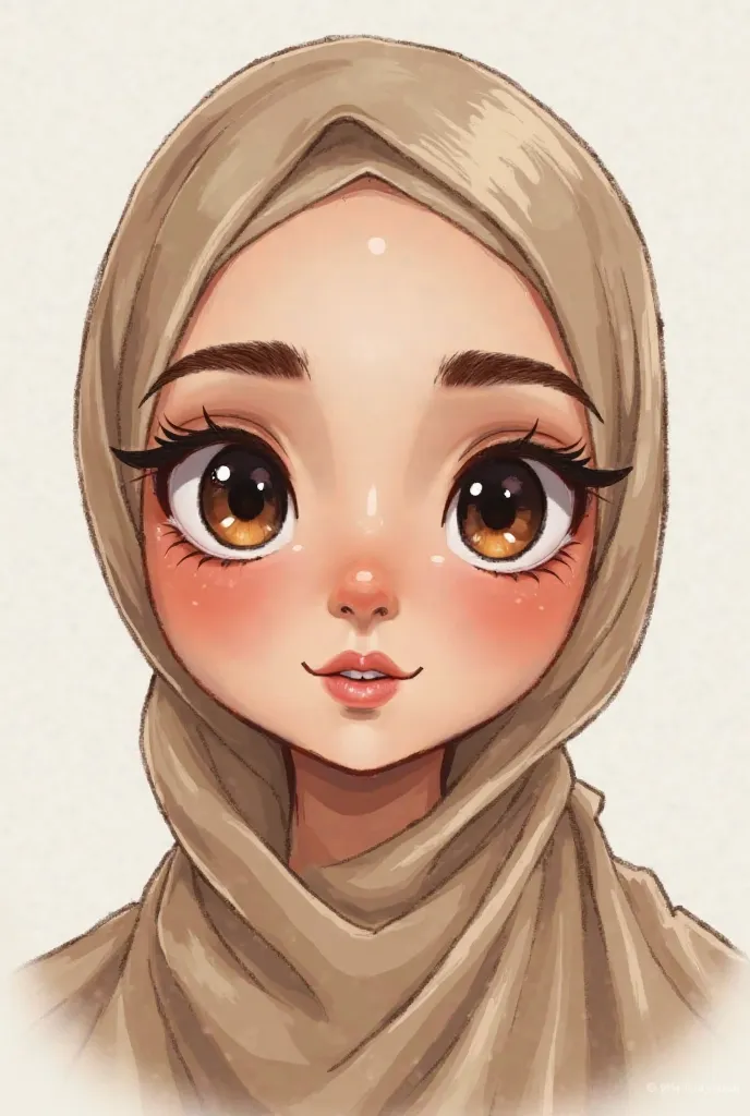 Draw me: I have big eyes, brown to black eye color, i have dimples, oval shaped face, wide smile, small ears, long neck, hour-glass shaped body, medium sized nose, light skin tone, wearing hijab (vale ) on my head 