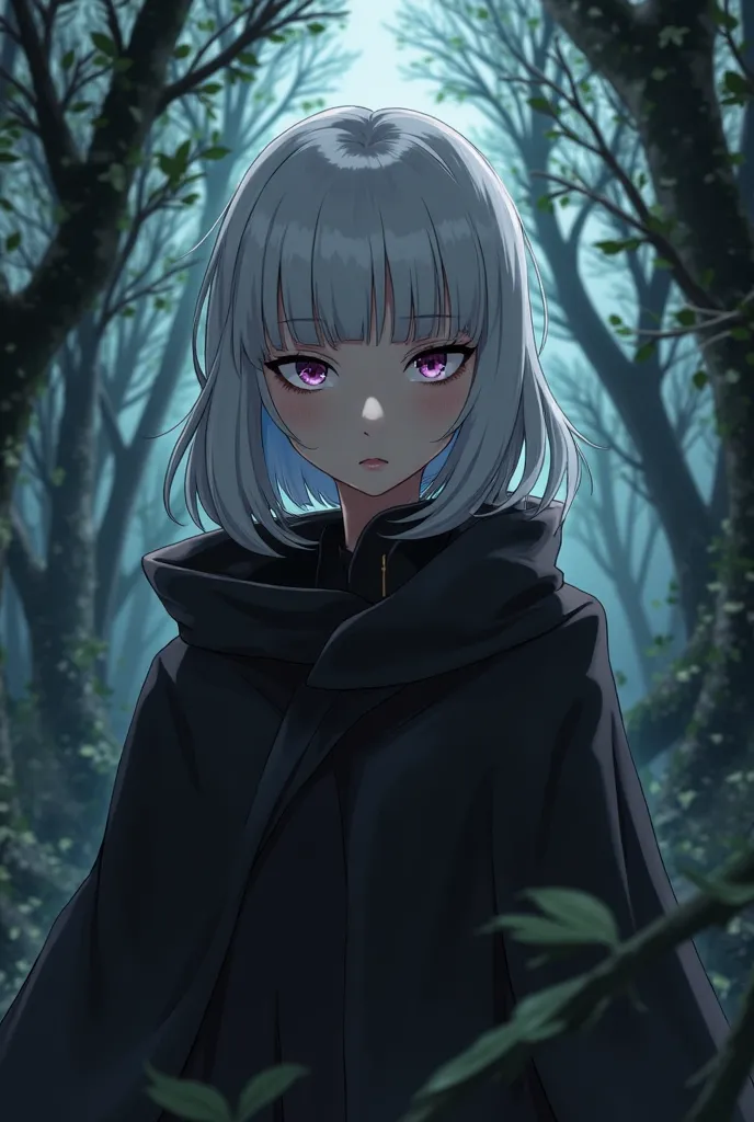 shoulder-length hair. white hair.  cute girl. assassin. 2D Anime. black clothes. 무표정 purple eye.  blush.  dark forest .