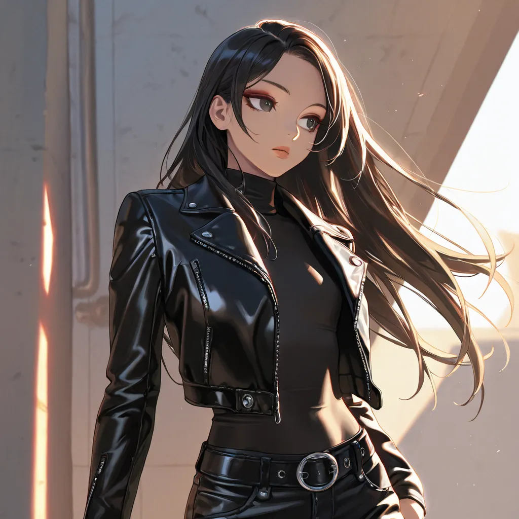 A stunning, girl in her early 20's. Small chest. Wearing a zipped-up black leather biker jacket and black ripped jeans with a stylish belt. Underneath her jacket is a simple black turtleneck, fitting snuggly around her neck. Her outfit gleams under the sun...