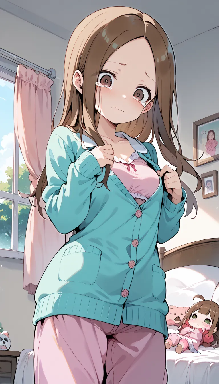  takagi-san、(best quality, 4K, 8k, high resolution), super detailed, 1 girl, Shining Brown Eyes , (Tears:1.2), ( green:1.2), (pink pajamas、cardigan:1.2), , (amount:1.2), long hair、brown hair, small breasts, bedroom, 