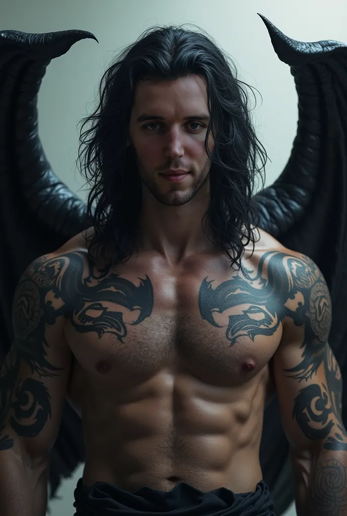 A 36-year-old man , 90 kg, of a natural athletic build. Long black hair, wavy.  tattoos on both arms and shoulders in the form of curls. wings like a huge black bat. purple eyes. 