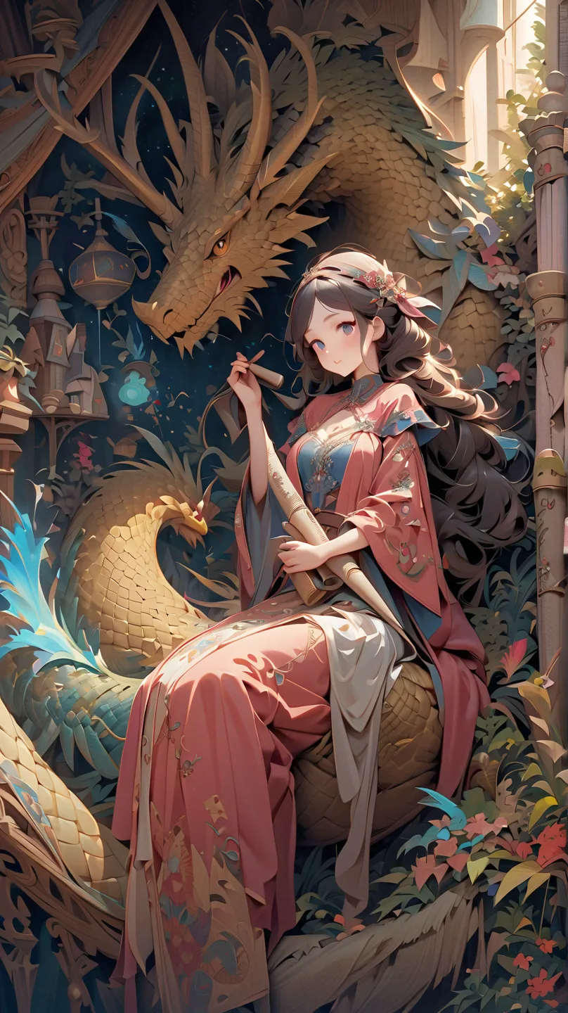   there is a girl picture of a girl sitting on the back of a giant gragon, elaborate painting with shadows  ,  Gragon Holding a Scroll ,blue flame effect,Details Polygon , naive art , delicate details without lighting , graphic details , Stylized Paintings...