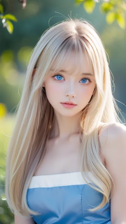 Portrait、 Alice in Wonderland 、 Blue and Infinitely Wide Sky 、 bright and very beautiful face 、 young, shiny, radiant white shiny skin、The best beauty、Baby platinum blonde hair with dazzling highlights、Thin blonde、 Very Straight Beautiful Long Back Hair ,,...