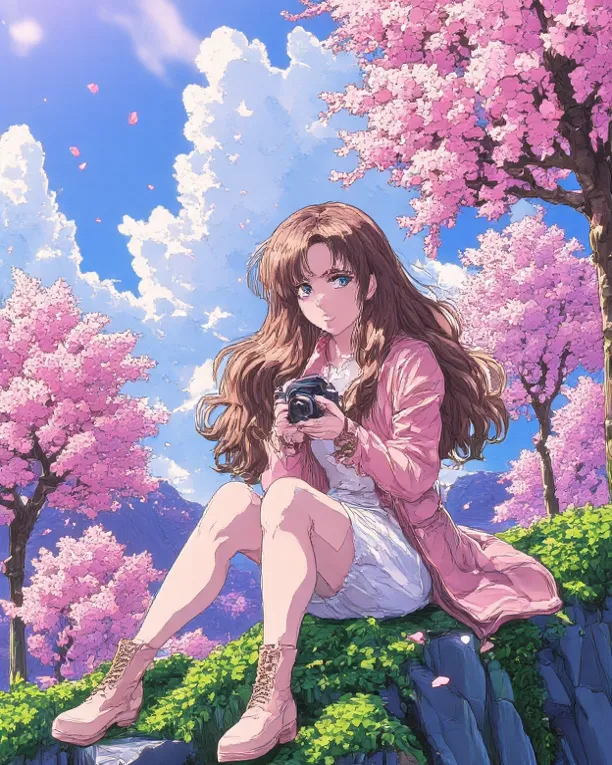 A beautiful anime girl with long wavy brown hair, wearing a pink jacket, white skirt, and pink boots, sitting on a lush green hill under blooming cherry blossom trees. She holds a DSLR camera, capturing the scenic view. The sky is bright blue with soft whi...