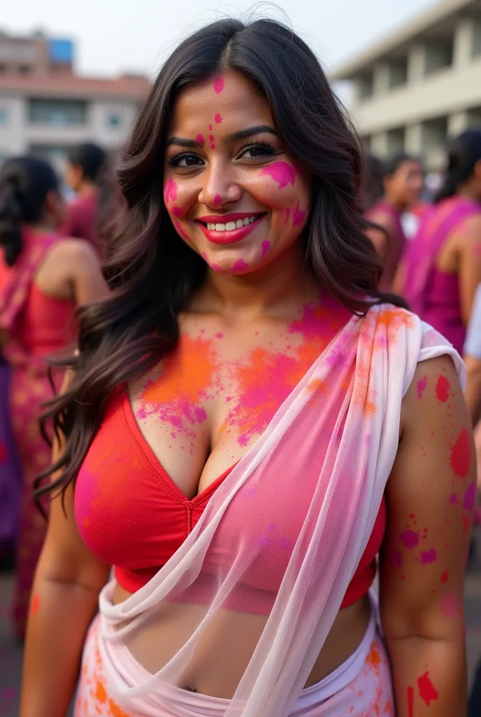 Generate full image from front of Indian curvy milf woman with chubby face and sexy figure, revealing cleavage by wearing sexy red sleeveless and backless blouse, petticoat and transparent white saree on top of all clothes in holi colours. She is playing w...