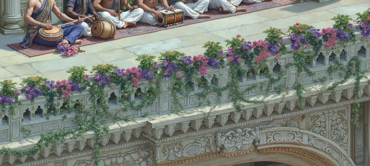 A magnificent classical oil painting, inspired by Renaissance artistry and Indian miniature detailing, depicting a grand royal terrace in an ancient South Indian palace bathed in golden sunlight. The palace, an architectural masterpiece, is adorned with in...