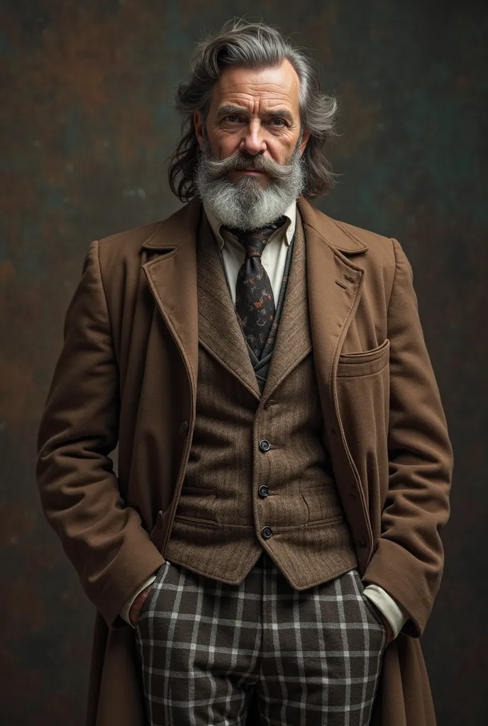 You will generate the image of a man, um gentleman. Its characteristics are; a gentleman bordering on 50 years of age, a Russian, a gentleman from the 19th century, a gray hair not very pronounced in his dark hair, very long hair and Basto, and the trimmed...